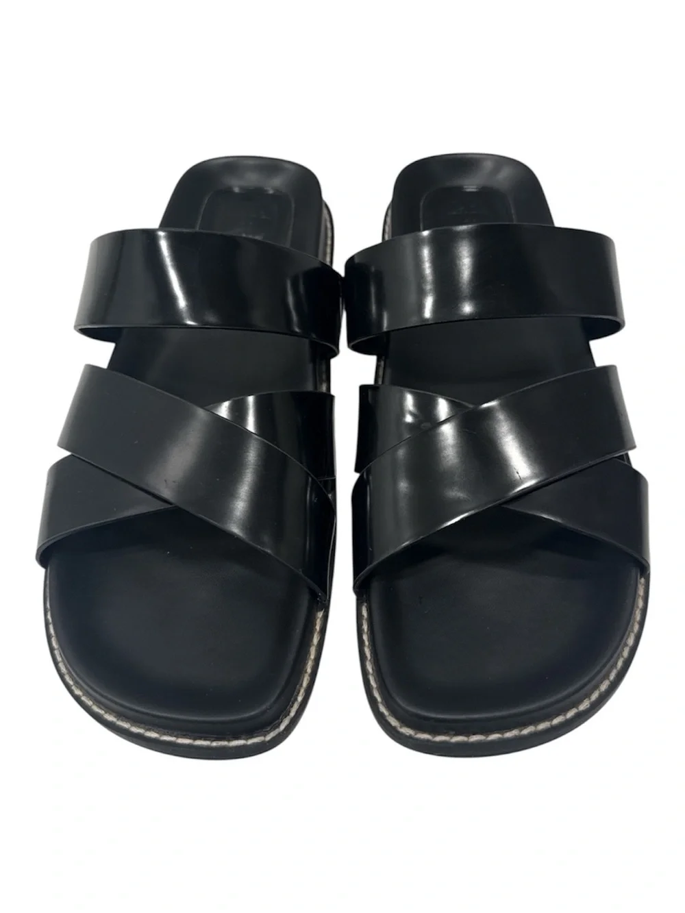 Zara Black Leather Double-Strap Slide Sandals